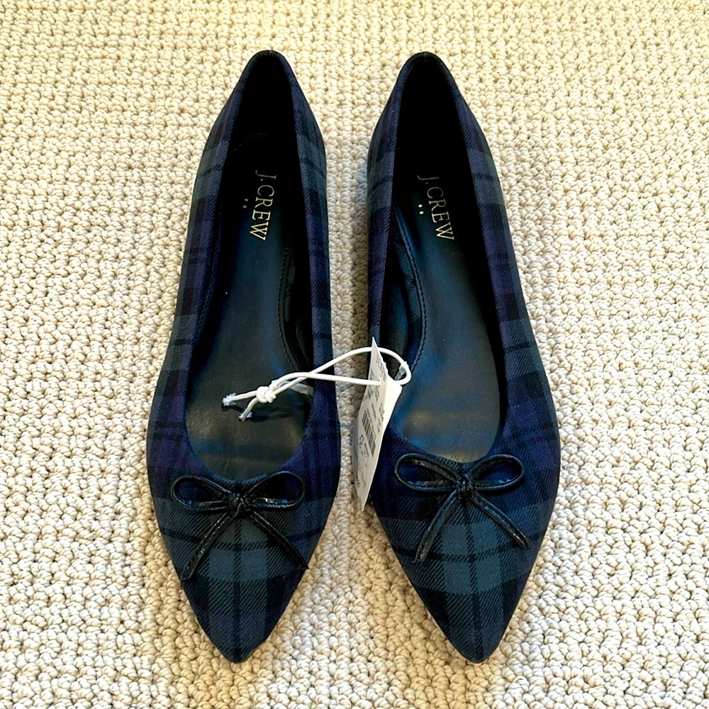 NWT J. Crew Black Watch Plaid Pointed-Toe Flats- Size 7